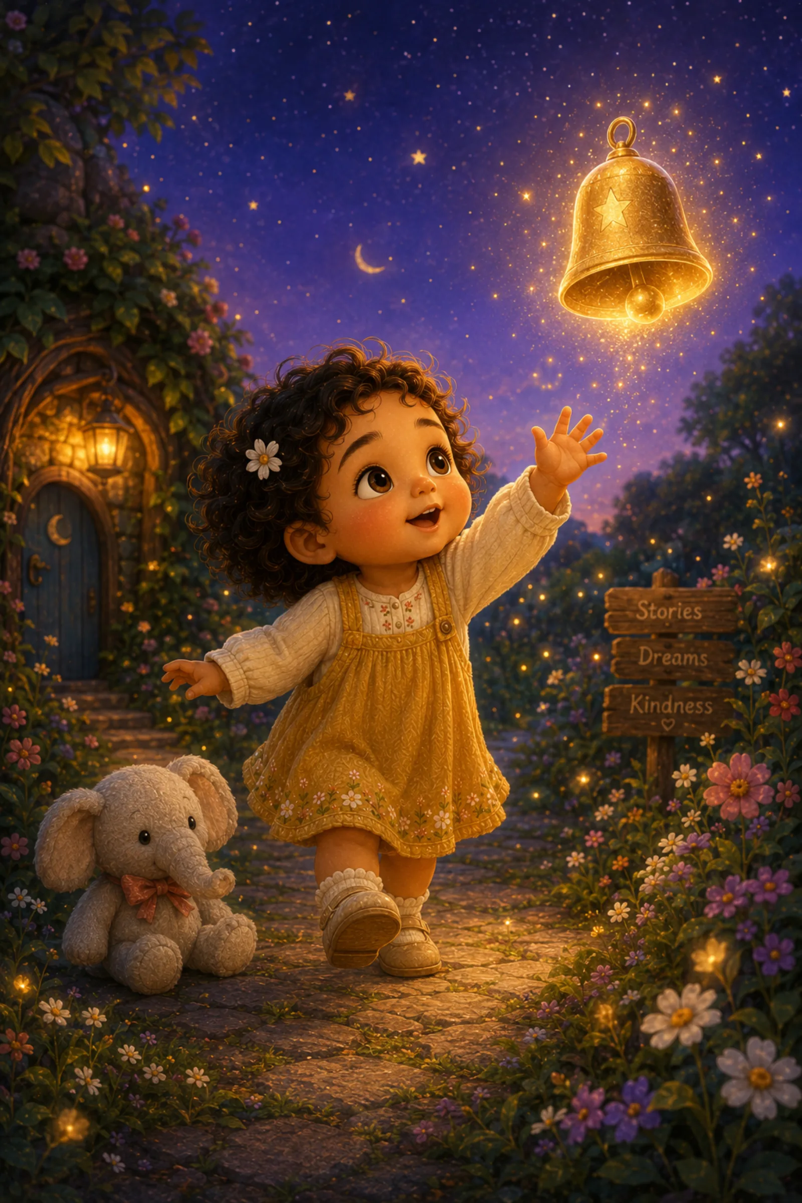 A MoonBell hero illustration — her first brave night