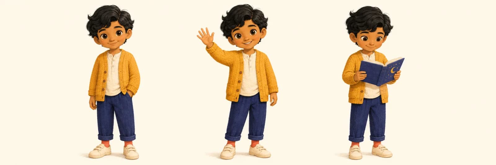 The same illustrated child shown in three consistent poses across the book