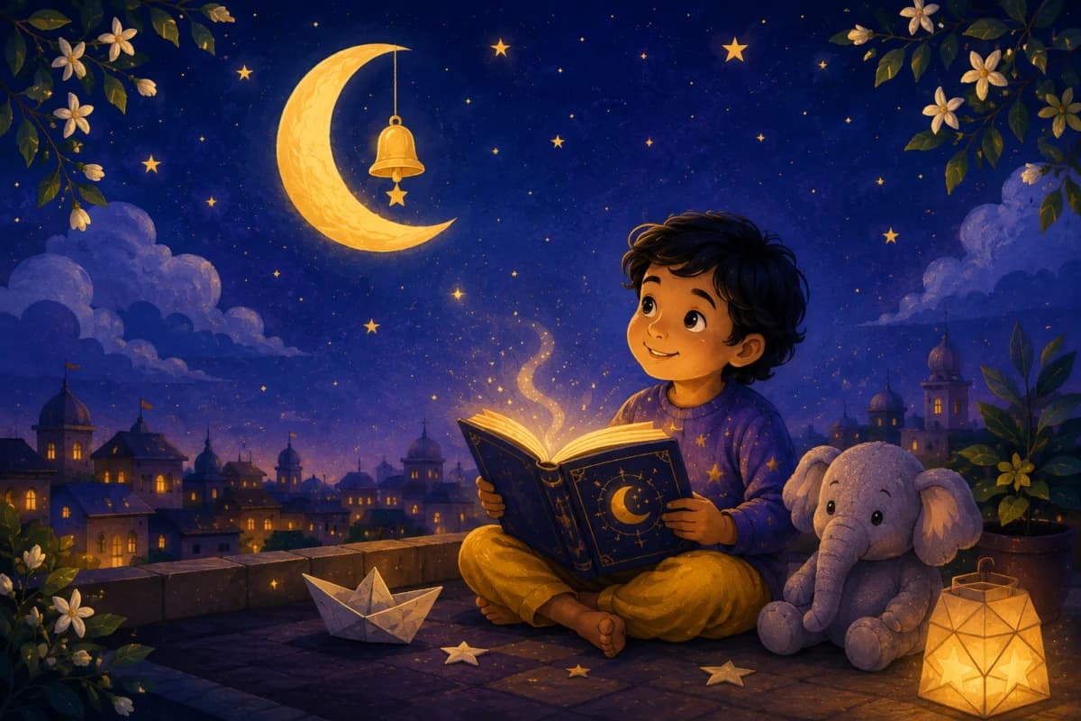 A child reading a glowing storybook on a rooftop under a golden moon and bell